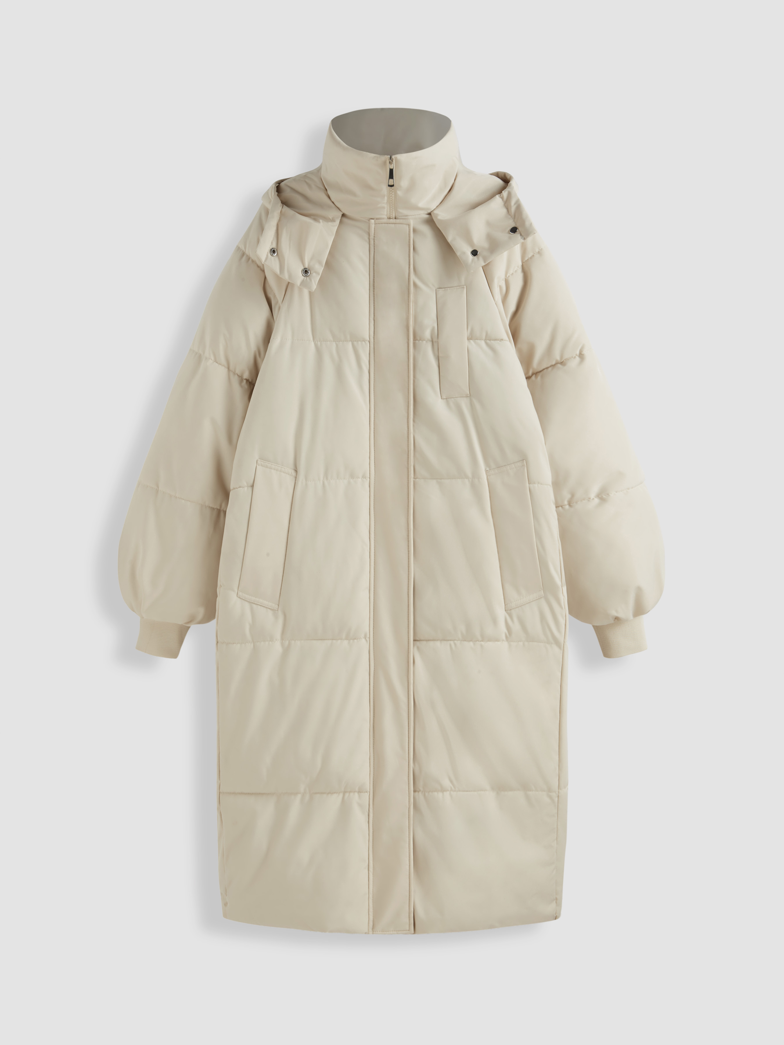Woven Zip Front Hooded Puffer Coat For Daily Casual