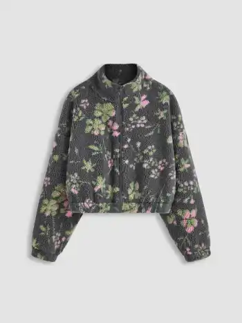 Fleece Blumen Oversized Jacke mit Taschen