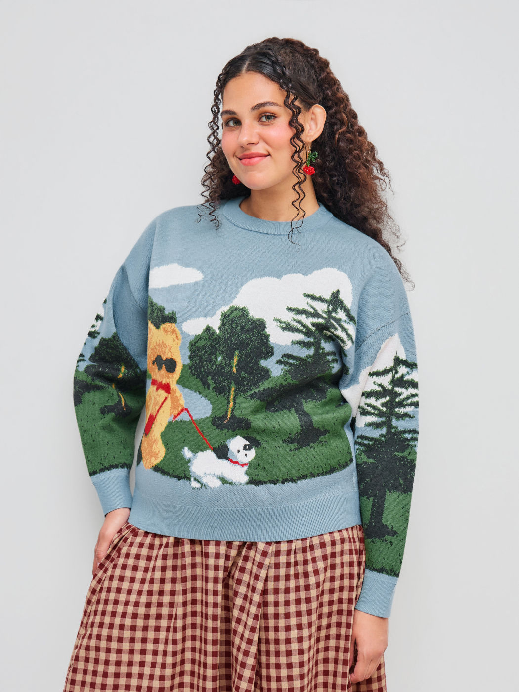 Jacquard Strick Rundhalsausschnitt Ölgemälde Bär Langarm Pullover Kurve & Plus