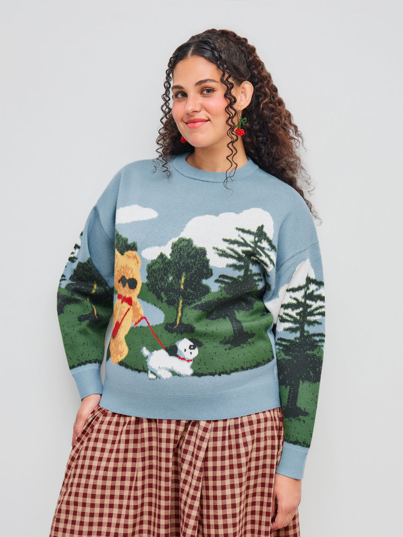 Jacquard Knit Round Neckline Oil Painting Bear Long Sleeve Sweater Curve & Plus