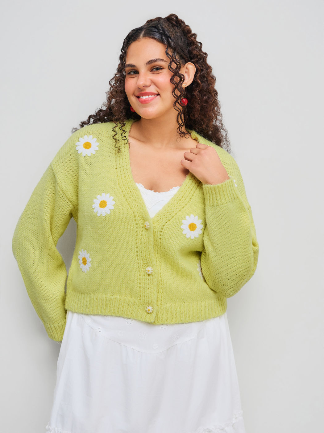 Wool-blend Knitted V-neck Daisy Floral Button Cardigan Curve & Plus