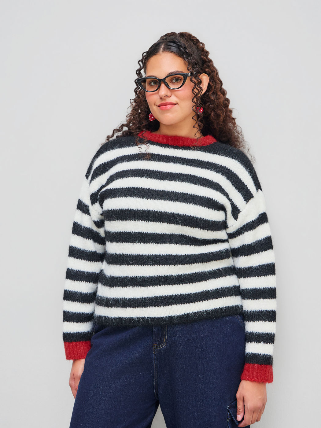 Maglione oversize a maniche lunghe in misto lana con scollo rotondo a righe a contrasto Curve & Plus