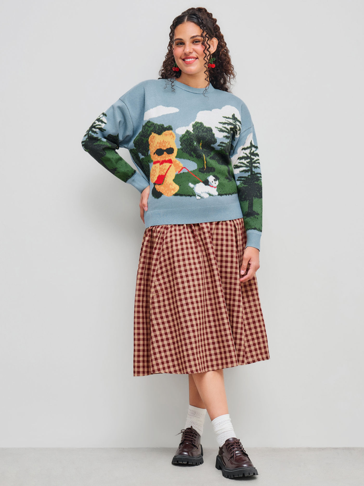 Jacquard Knit Round Neckline Oil Painting Bear Long Sleeve Sweater Curve & Plus