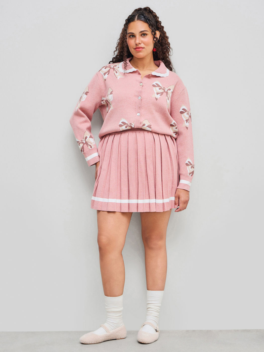 Knit Mid Rise Pleated Contrasting Binding Mini Skirt Curve & Plus