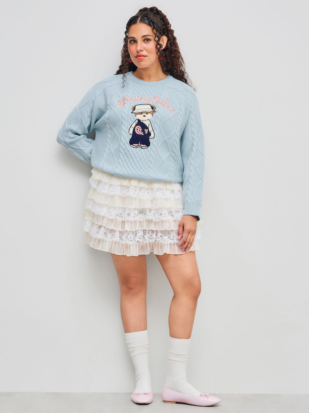 Feeling Vibes Cable Knit Round Neckline Bear Long Sleeve Sweater Curve & Plus