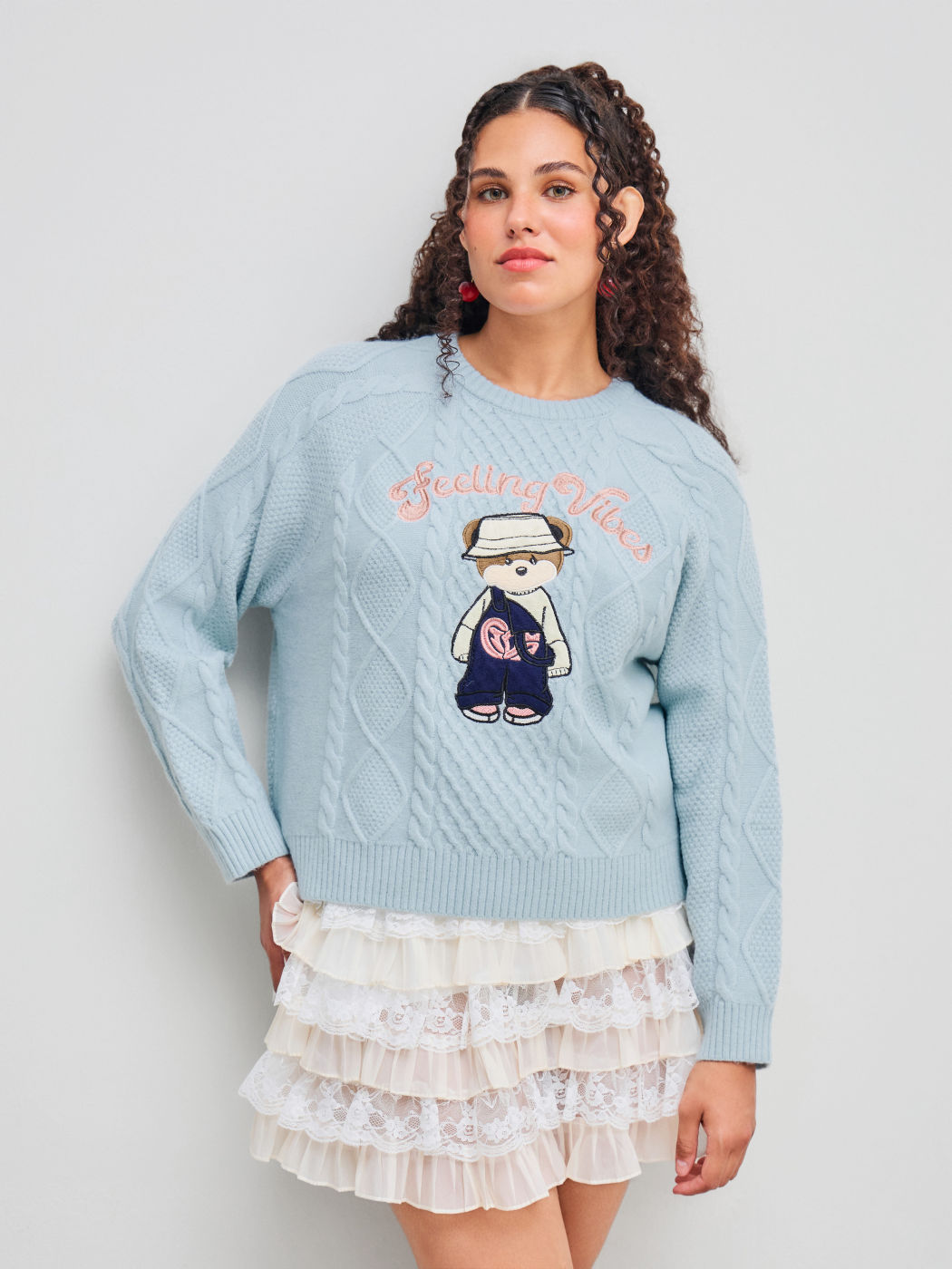 Feeling Vibes Cable Knit Round Neckline Bear Long Sleeve Sweater Curve & Plus