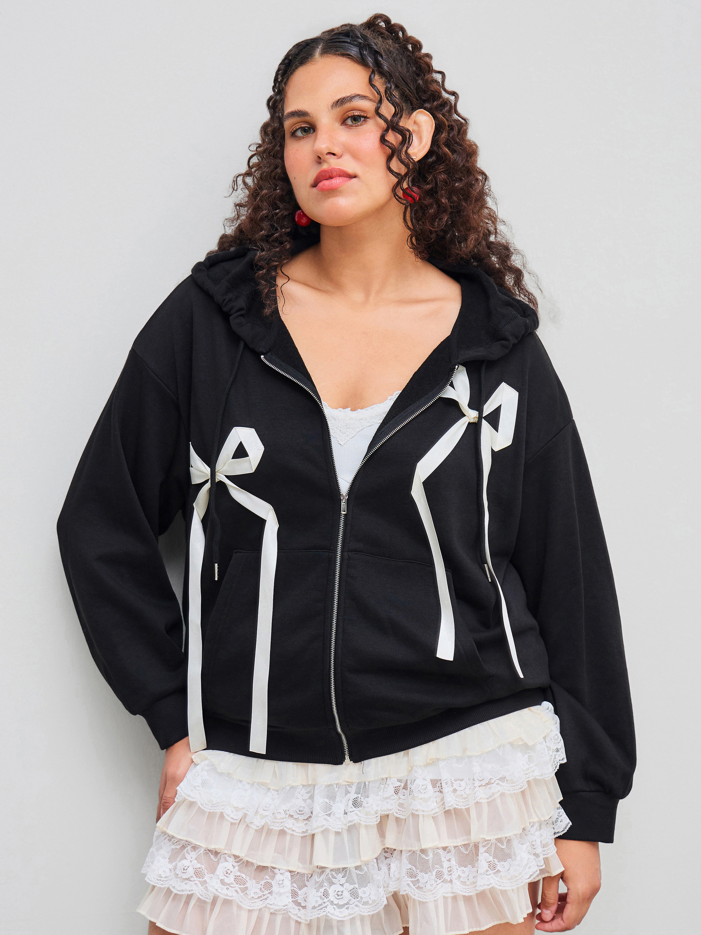 Knit Fabric Cotton-blend Bowknot Zipper Solid Oversized