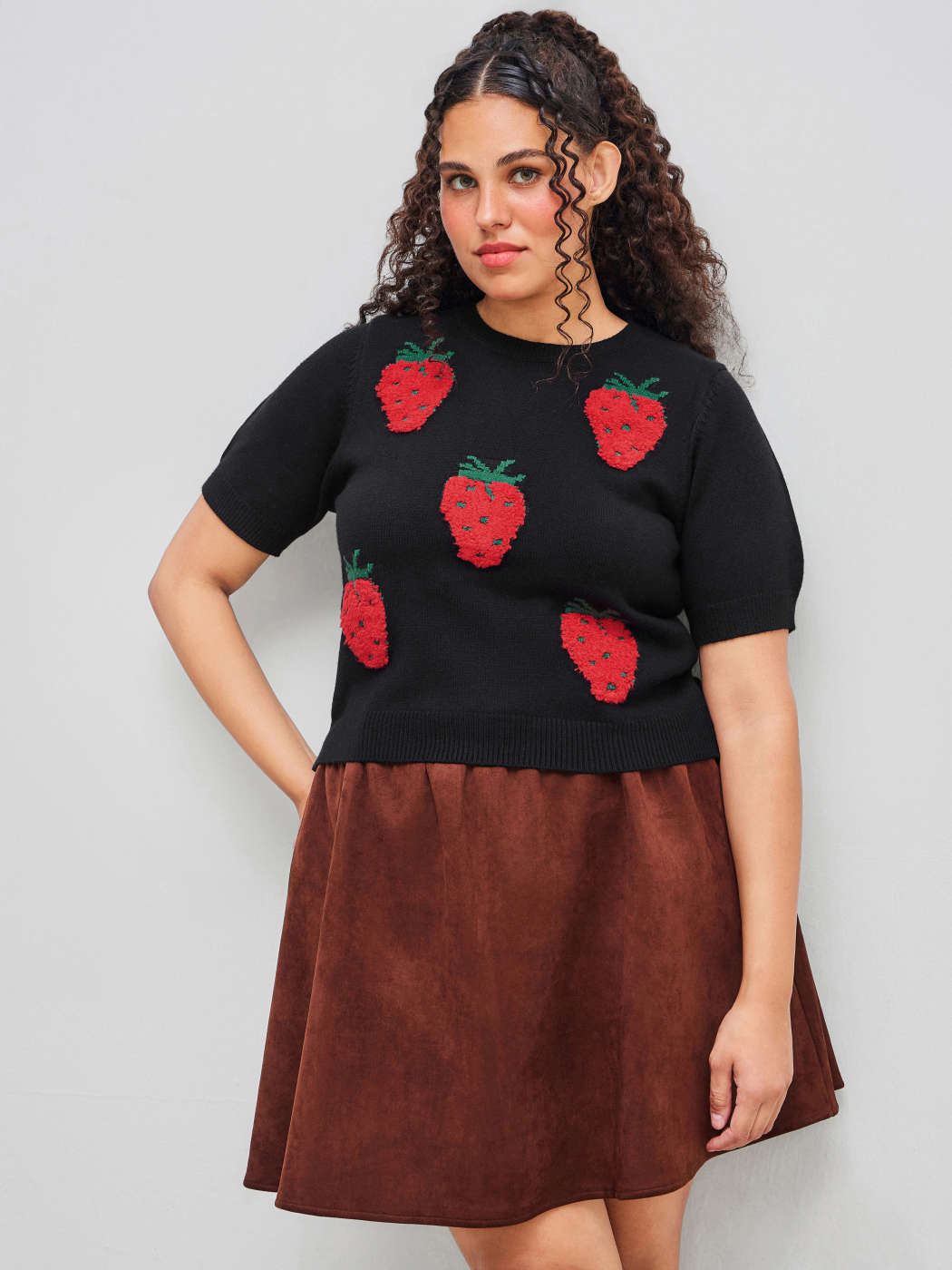 Strickstoff Strick Rundhalsausschnitt Erdbeer Kurzarm Pullover