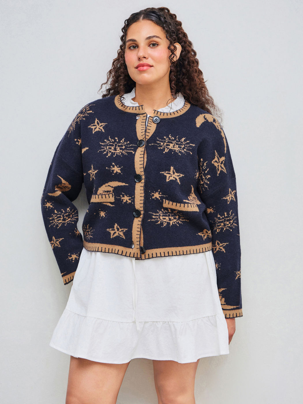 Stern Sonne Mond Kontrast Strickjacke Kurve & Plus