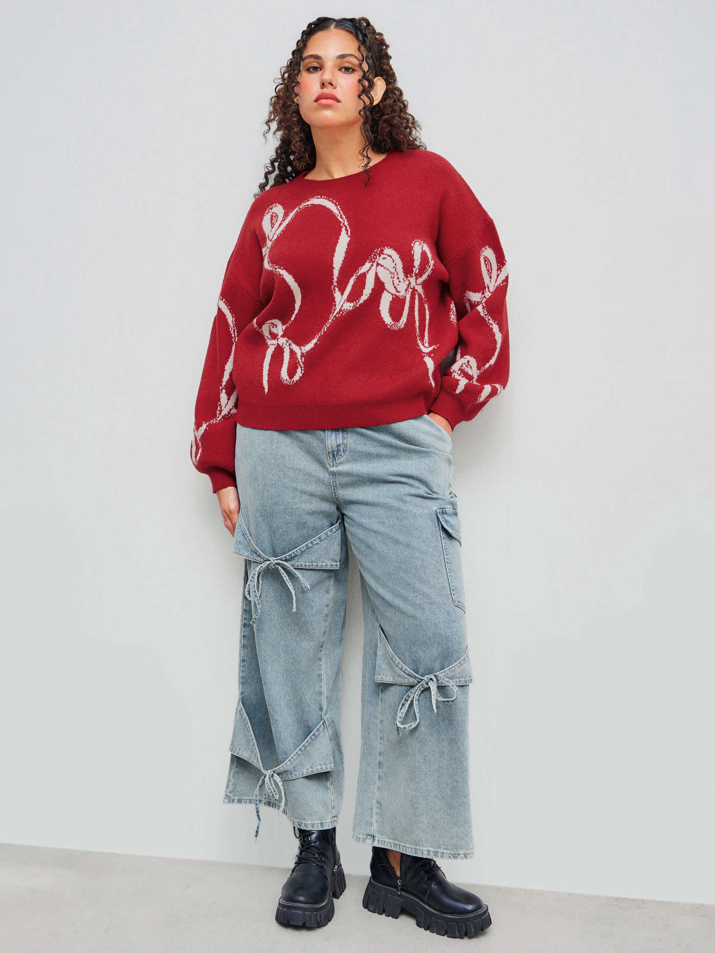 Knit Round Neckline Bowknot Graphic Long Sleeve Oversized Sweater Curve & Plus