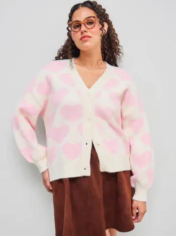Herzprint Strickjacke mit V-Ausschnitt Kurve & Plus