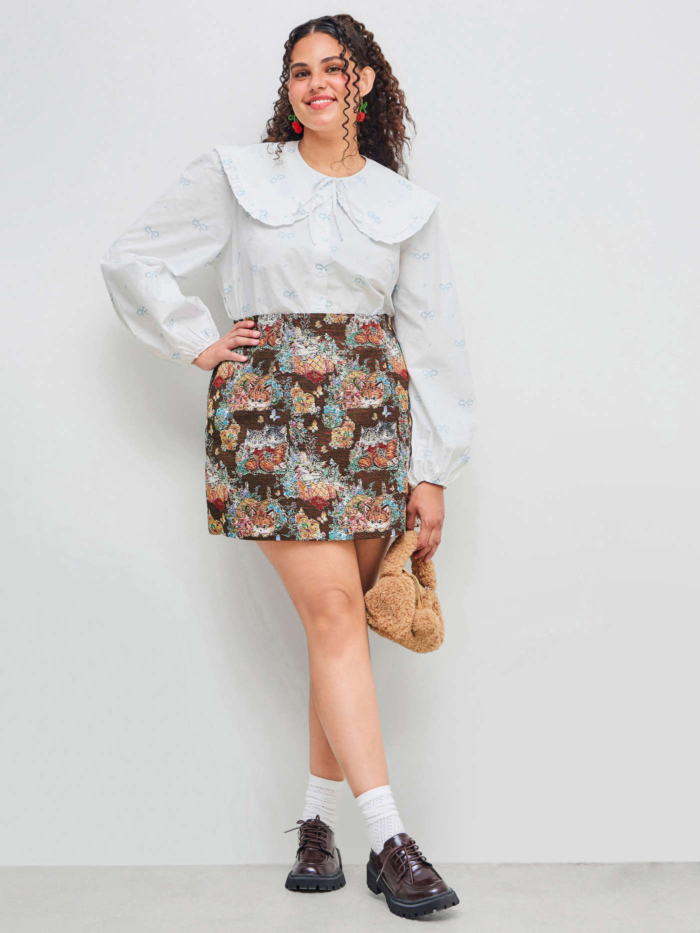 Jacquard Mid Rise Floral Cat Graphic Mini Skirt Curve & Plus
