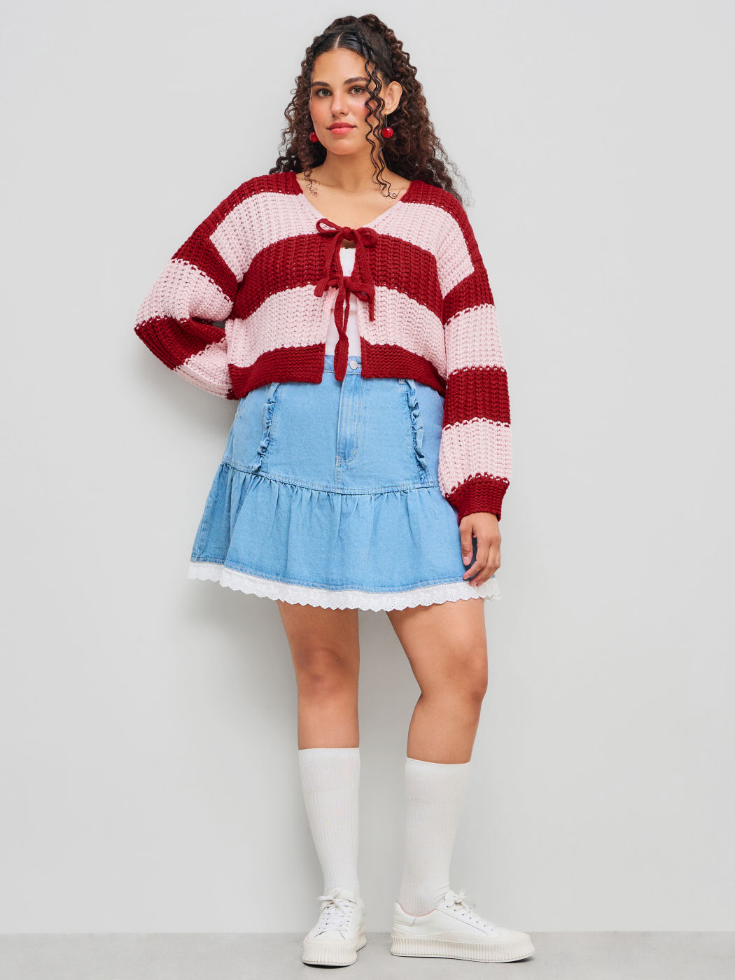 Knit V-neck Striped Tie Front Oversized Cardigan Curve & Plus