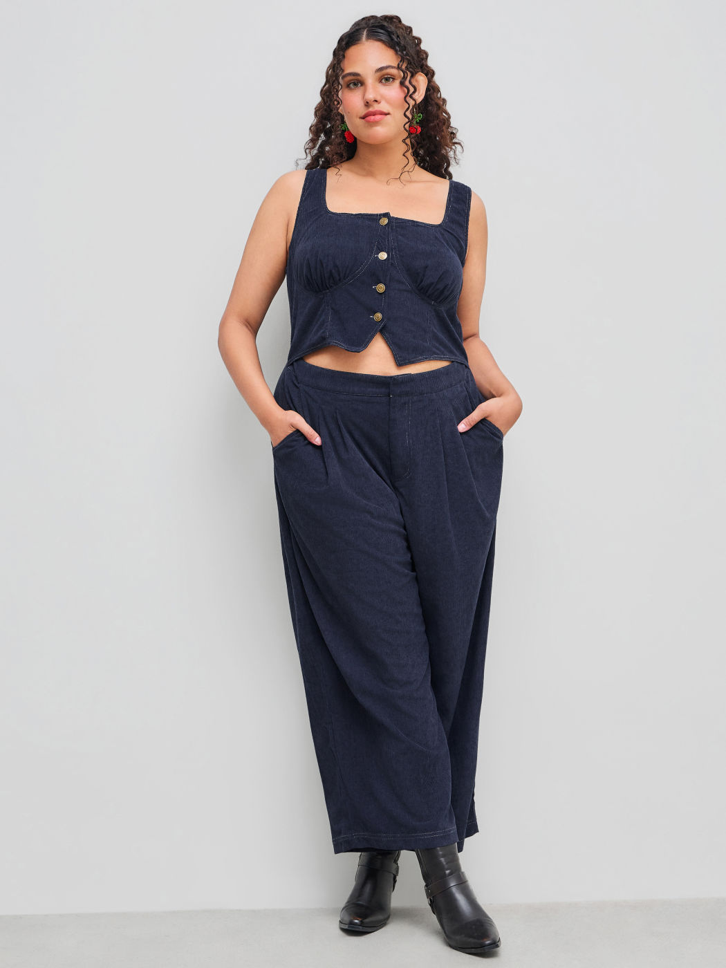 Corduroy Square Neck Solid Button Pocket Wide Leg Jumpsuit Curve & Plus