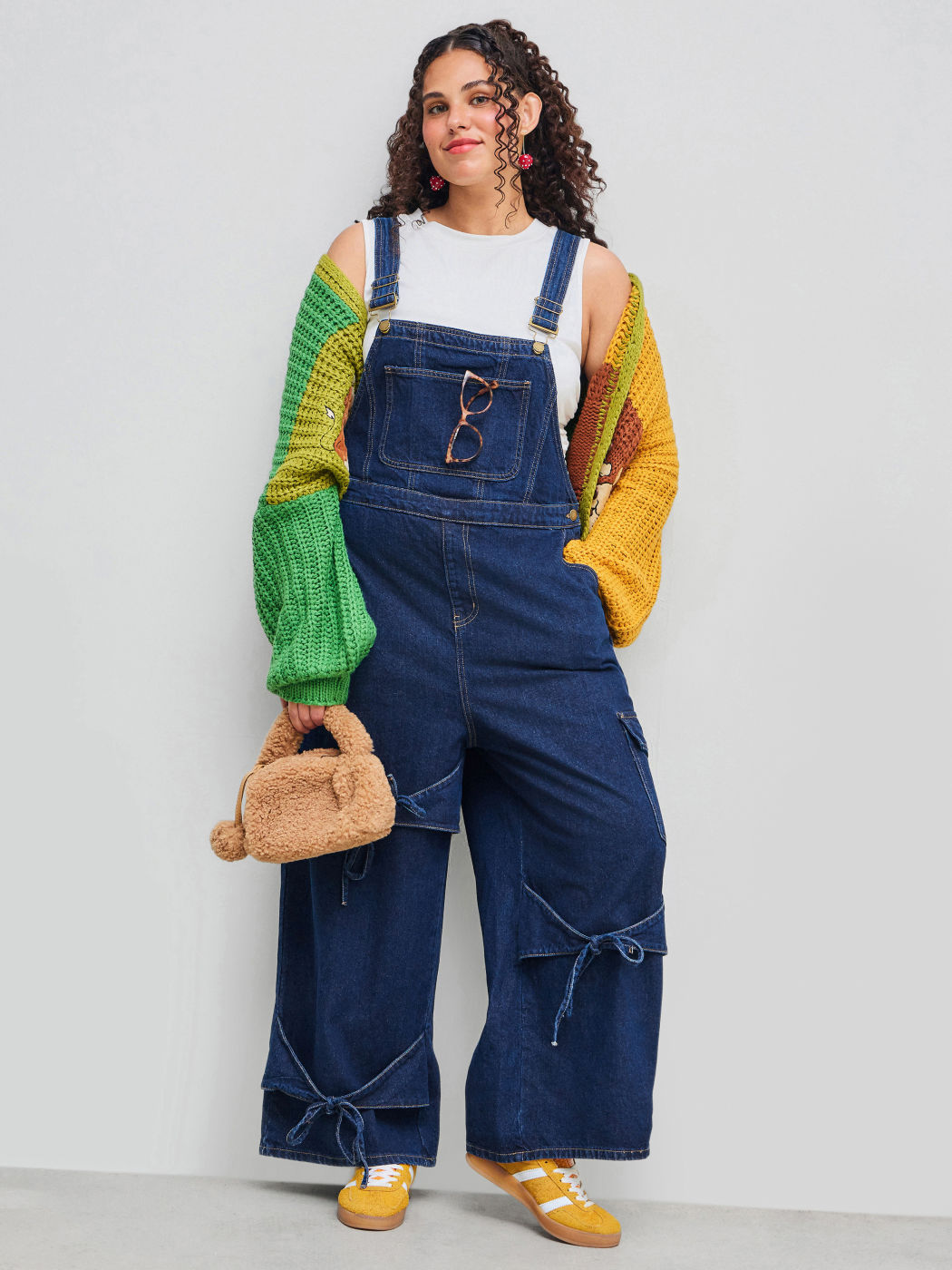 Tuta in denim solida con nodo a fiocco e tasca a gamba larga Curve & Plus