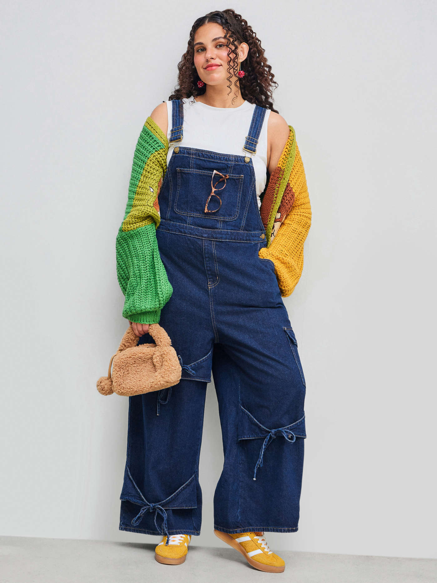 Denim Solid Bowknot Buckle Pocket Wide Leg Jumpsuit Curve & Plus