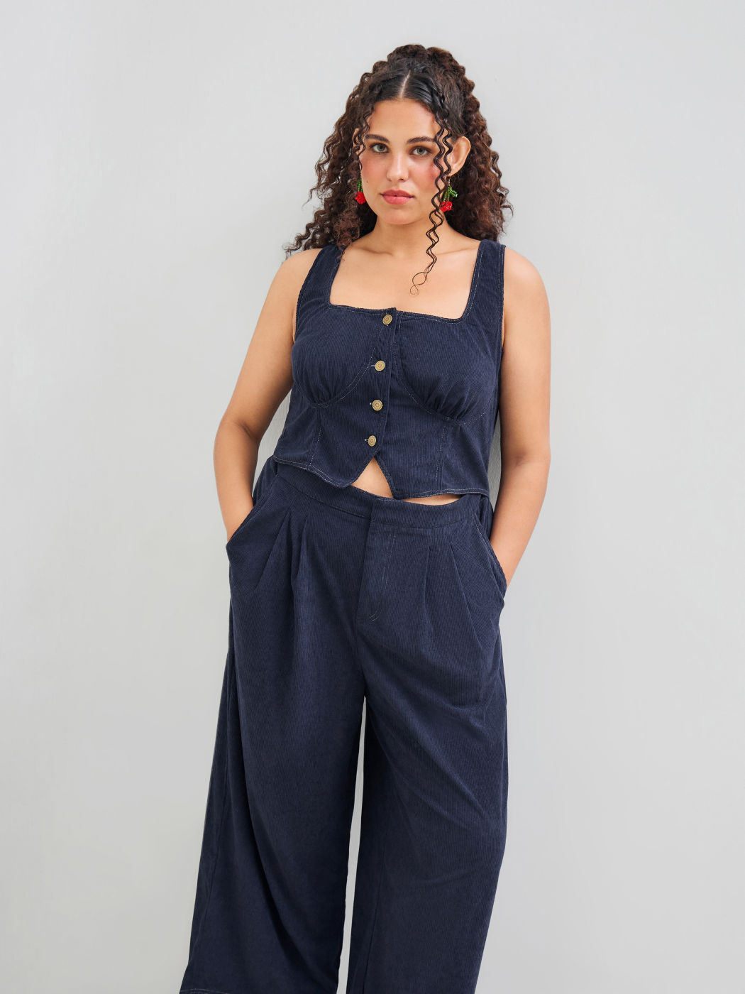 Corduroy Square Neck Solid Button Pocket Wide Leg Jumpsuit Curve & Plus