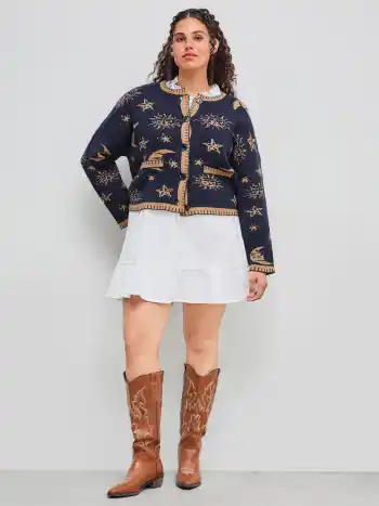Stern Sonne Mond Kontrast Strickjacke Kurve & Plus