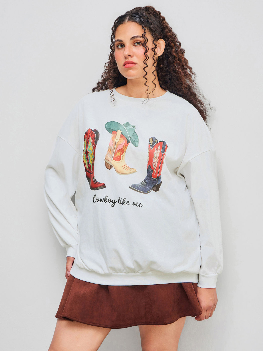 Cowboy Like Me Baumwollmischung Rundhalsausschnitt Boots Grafik Oversized Sweatshirt Kurve & Plus