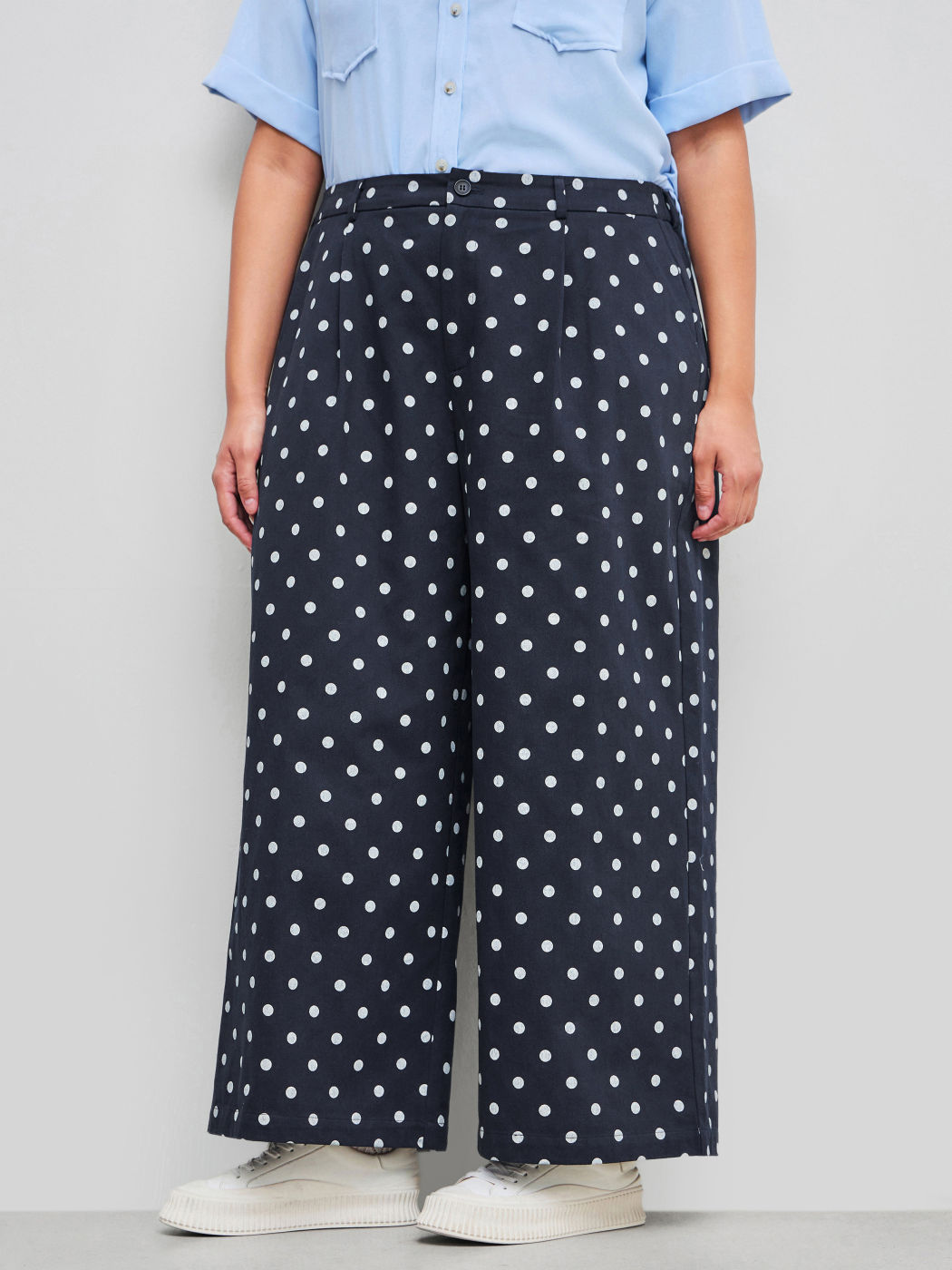 100% cotone Pantaloni a gamba larga con bottoni a pois a vita media Curve & Plus