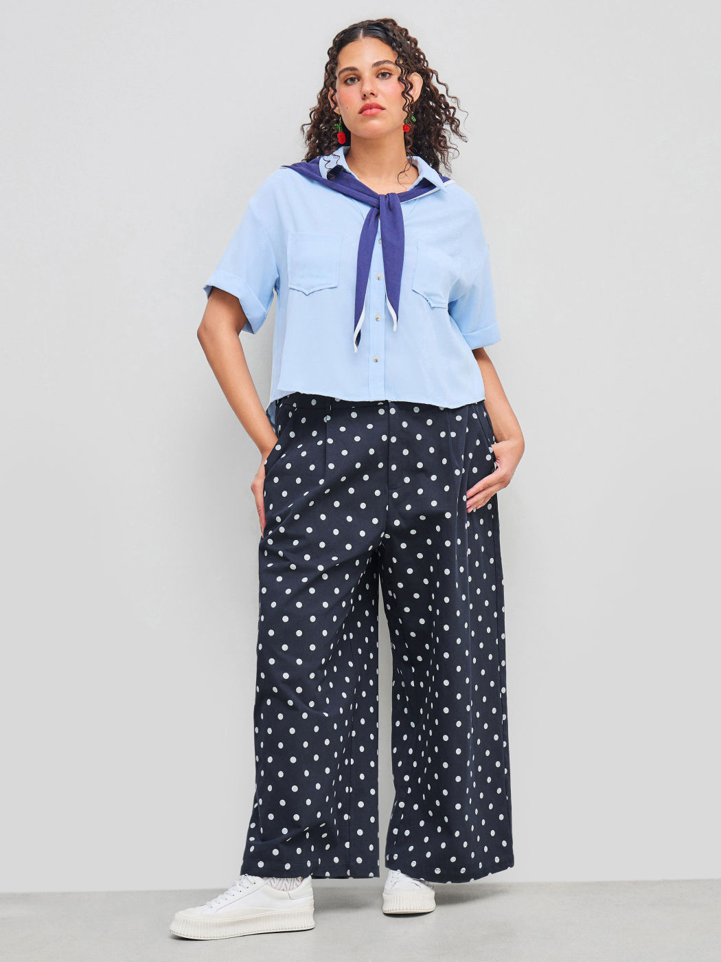 100% cotone Pantaloni a gamba larga con bottoni a pois a vita media Curve & Plus