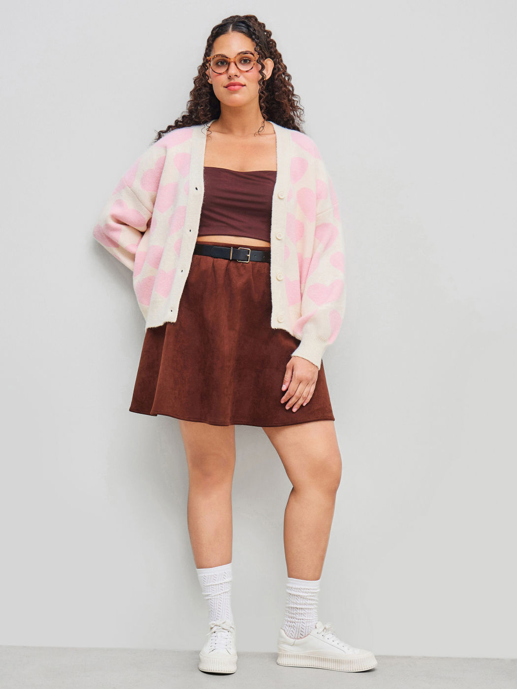 Knit V-neck Heart Print Cardigan Curve & Plus
