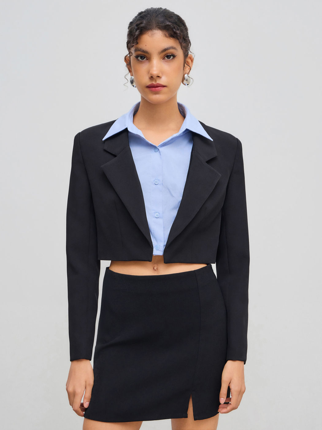 Notched Collar Solid Two Tone Crop Blazer
