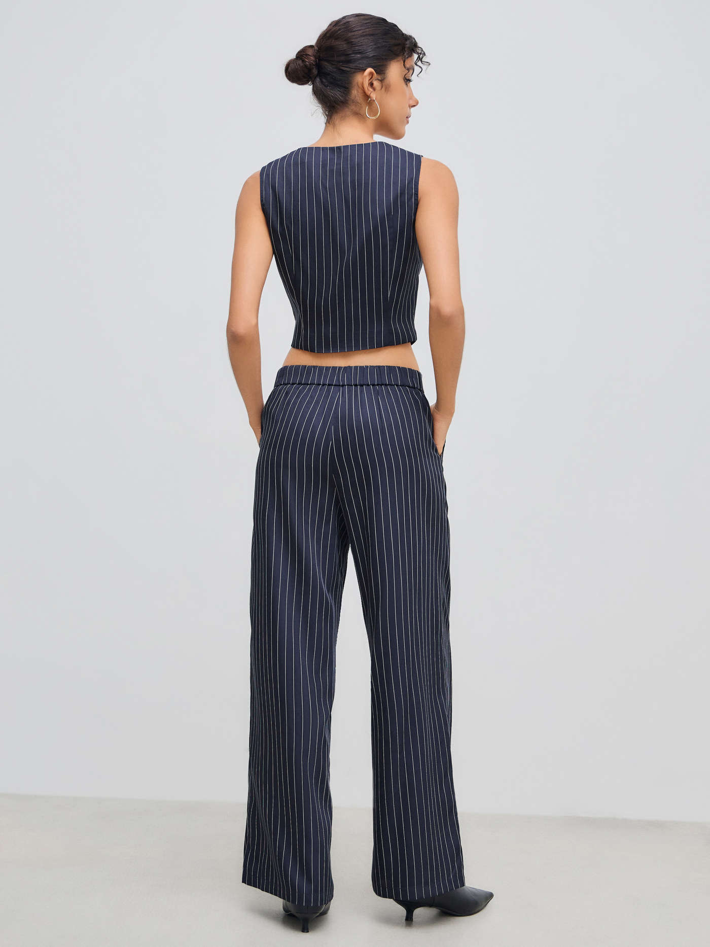 V-neck Stripe Button Tank Top & Mid Rise Pocket Straight Leg Trousers Set