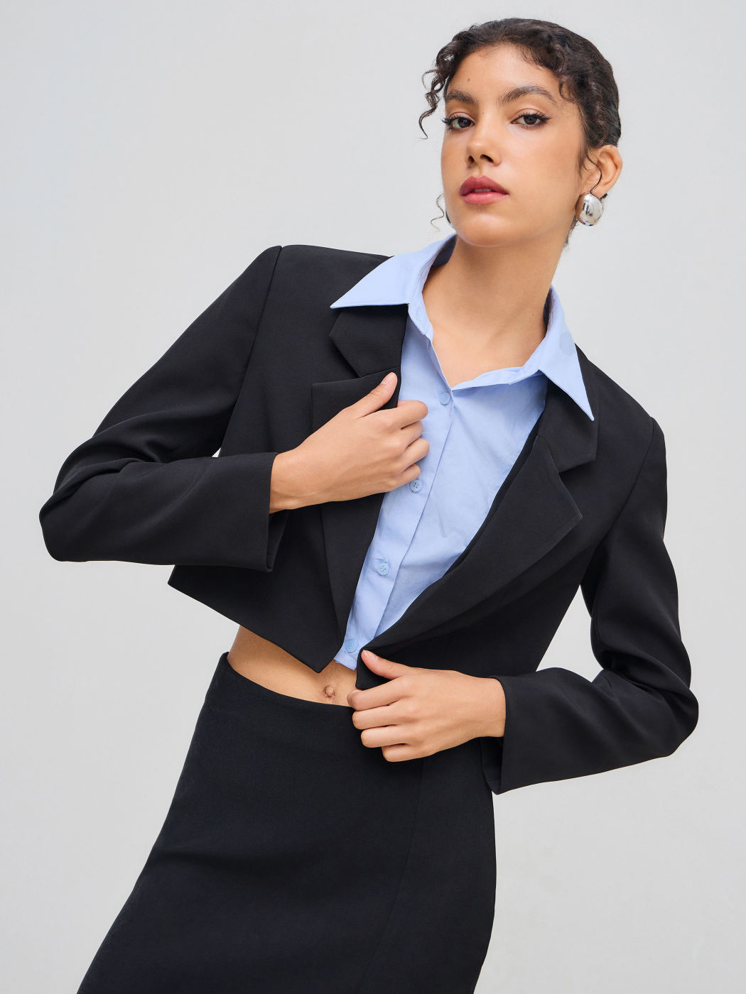 Notched Collar Solid Two Tone Crop Blazer