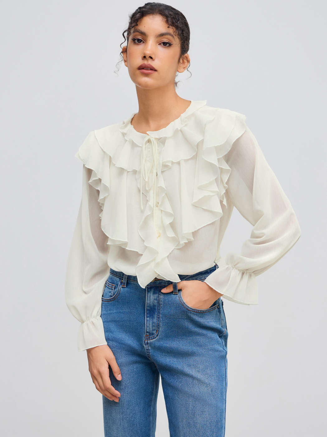 Chifón Chiffon Cuello Redondo Sólido Volante Nudo Blusa For