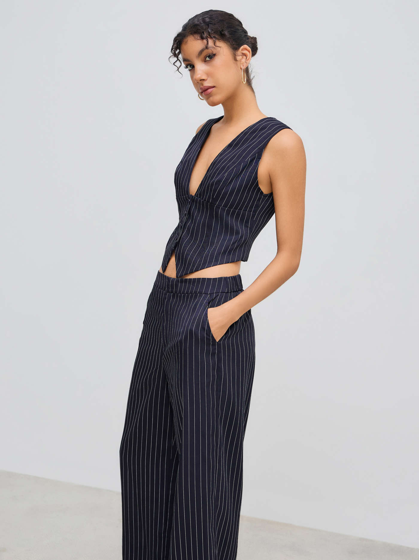 V-neck Stripe Button Tank Top & Mid Rise Pocket Straight Leg Trousers Set
