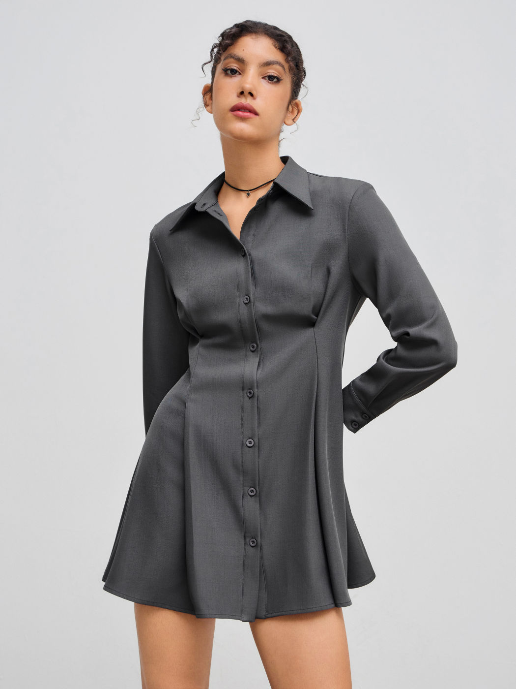 Collar Solid Pleated Button Up Mini Dress