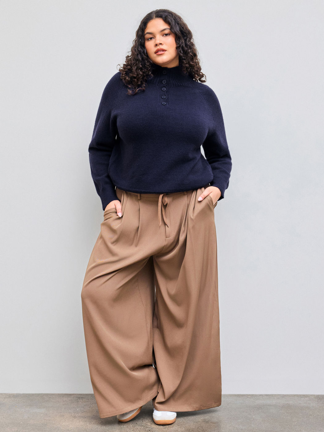 Knit High Neck Solid Button Long Sleeve Sweater Curve & Plus