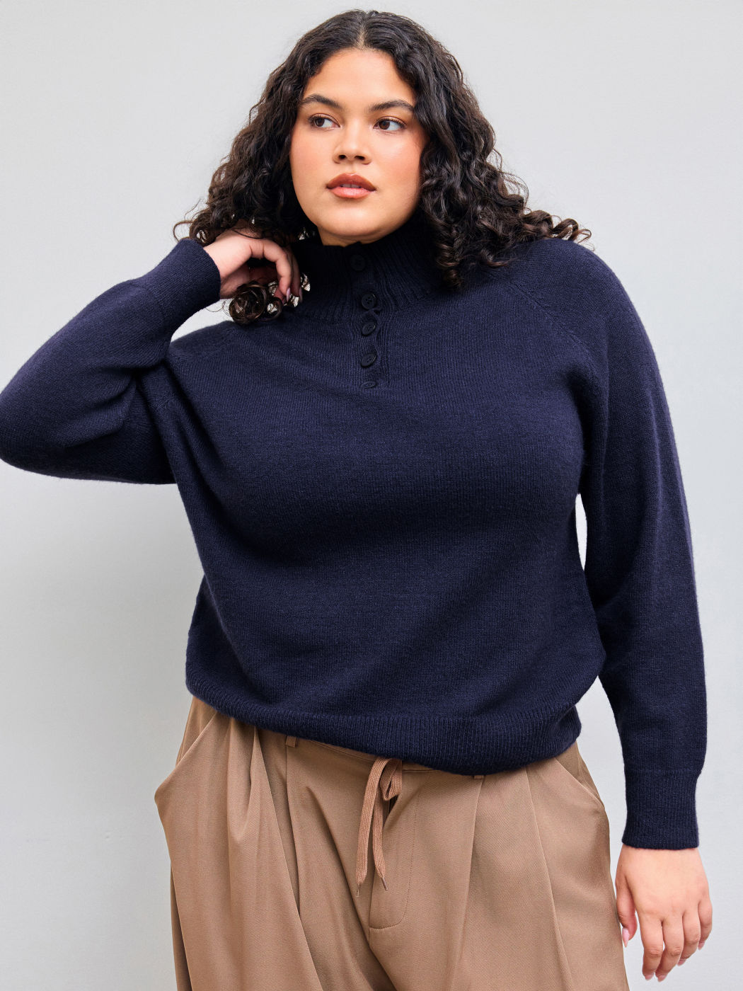Knit High Neck Solid Button Long Sleeve Sweater Curve & Plus