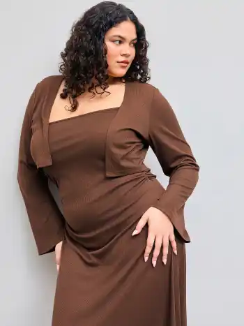 Square Neck Solid Ruffle Ruched Cami Maxi Dress & Solid Long Sleeve Shrug Set Curve & Plus