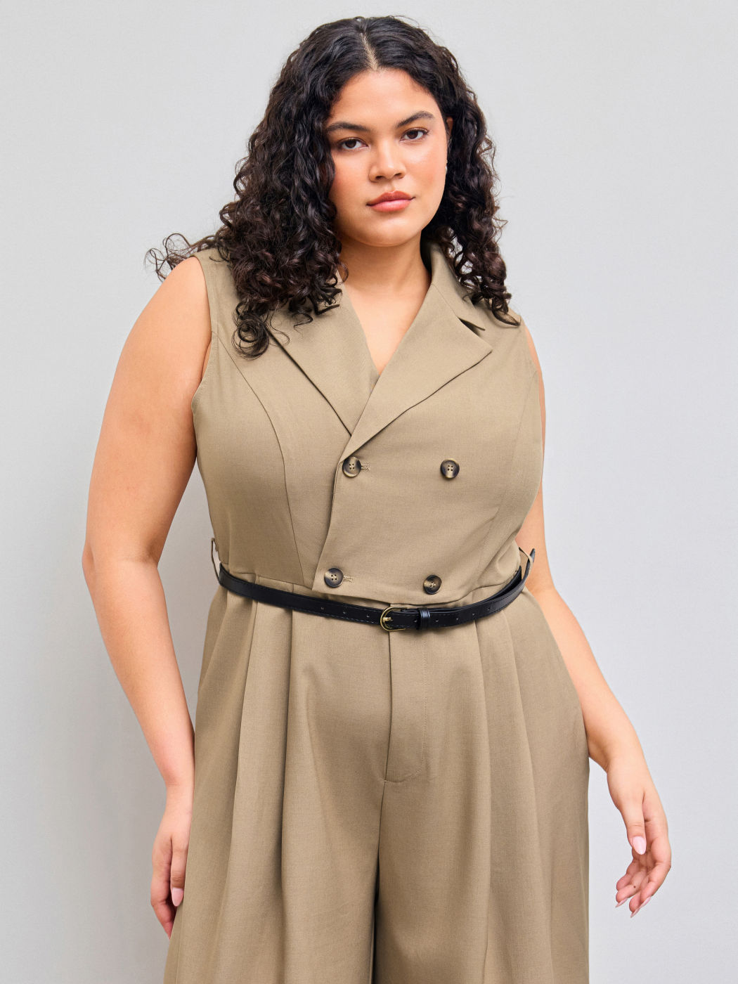 Collar Solid Button Pocket Jumpsuit With Belt Curve & Plus