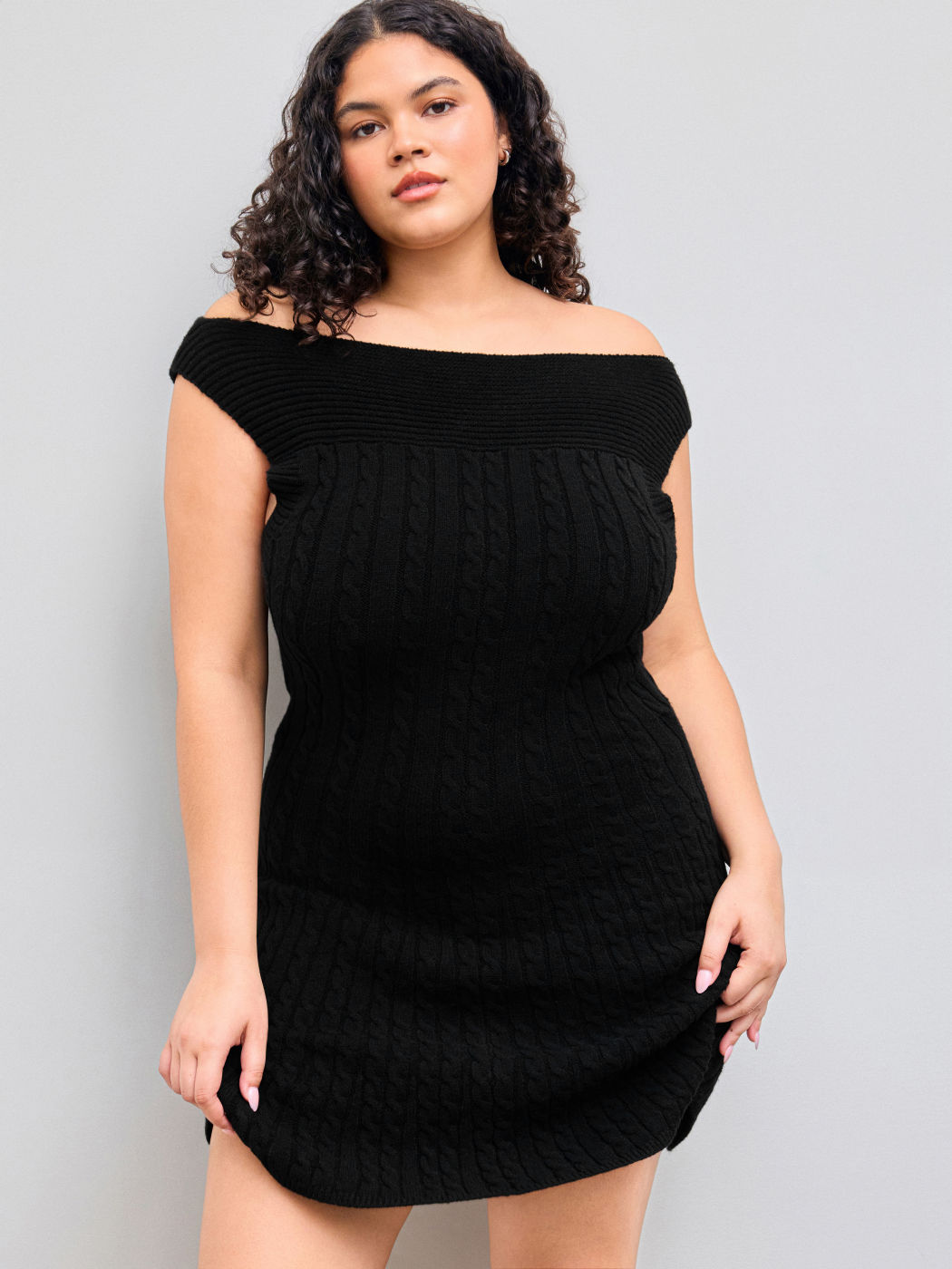 Cable Knit Boat Neck Solid Mini Dress Curve & Plus