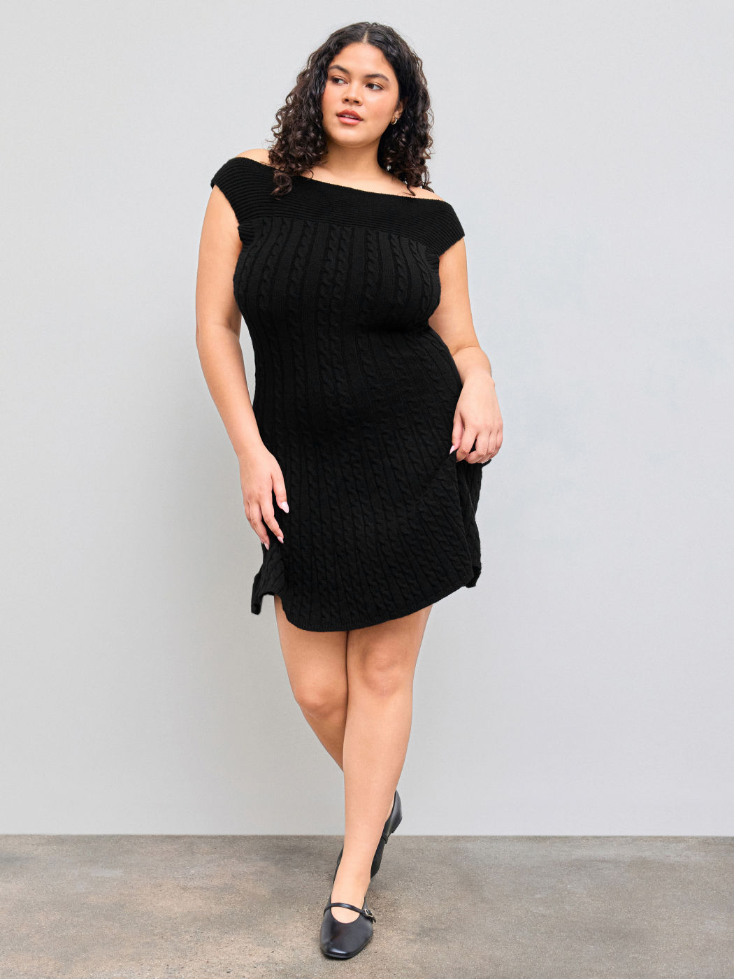 Cable Knit Boat Neck Solid Mini Dress Curve & Plus