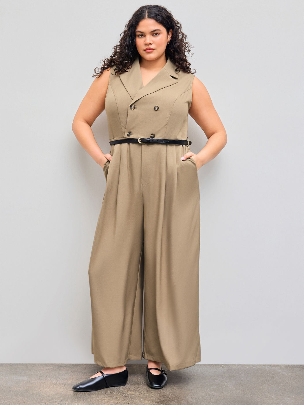 Collar Solid Button Pocket Jumpsuit With Belt Curve & Plus