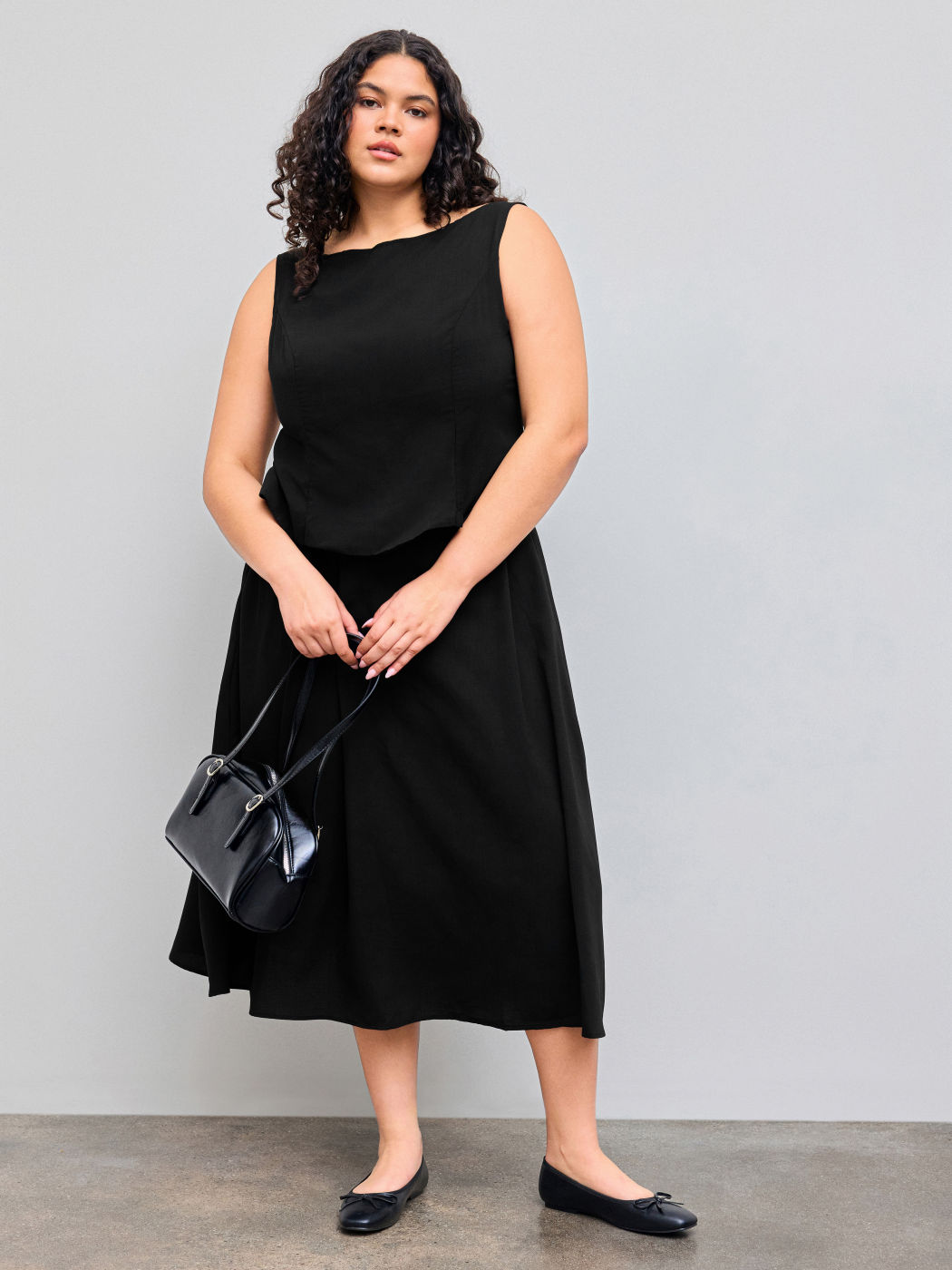 Boat Neckline Solid Split Crop Tank Top & High Rise Pleated Maxi Skirt Curve & Plus