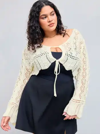 Solid Crochet Tie Front Deep V Neck Crop Top Curve & Plus