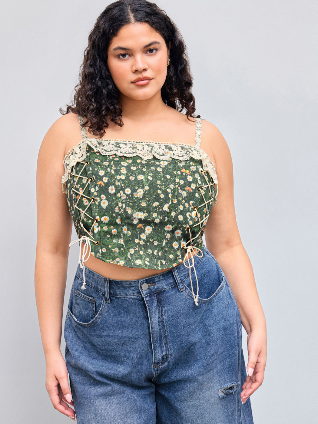 Square Neck Daisy Lace Up Corset Cami Top Curve & Plus