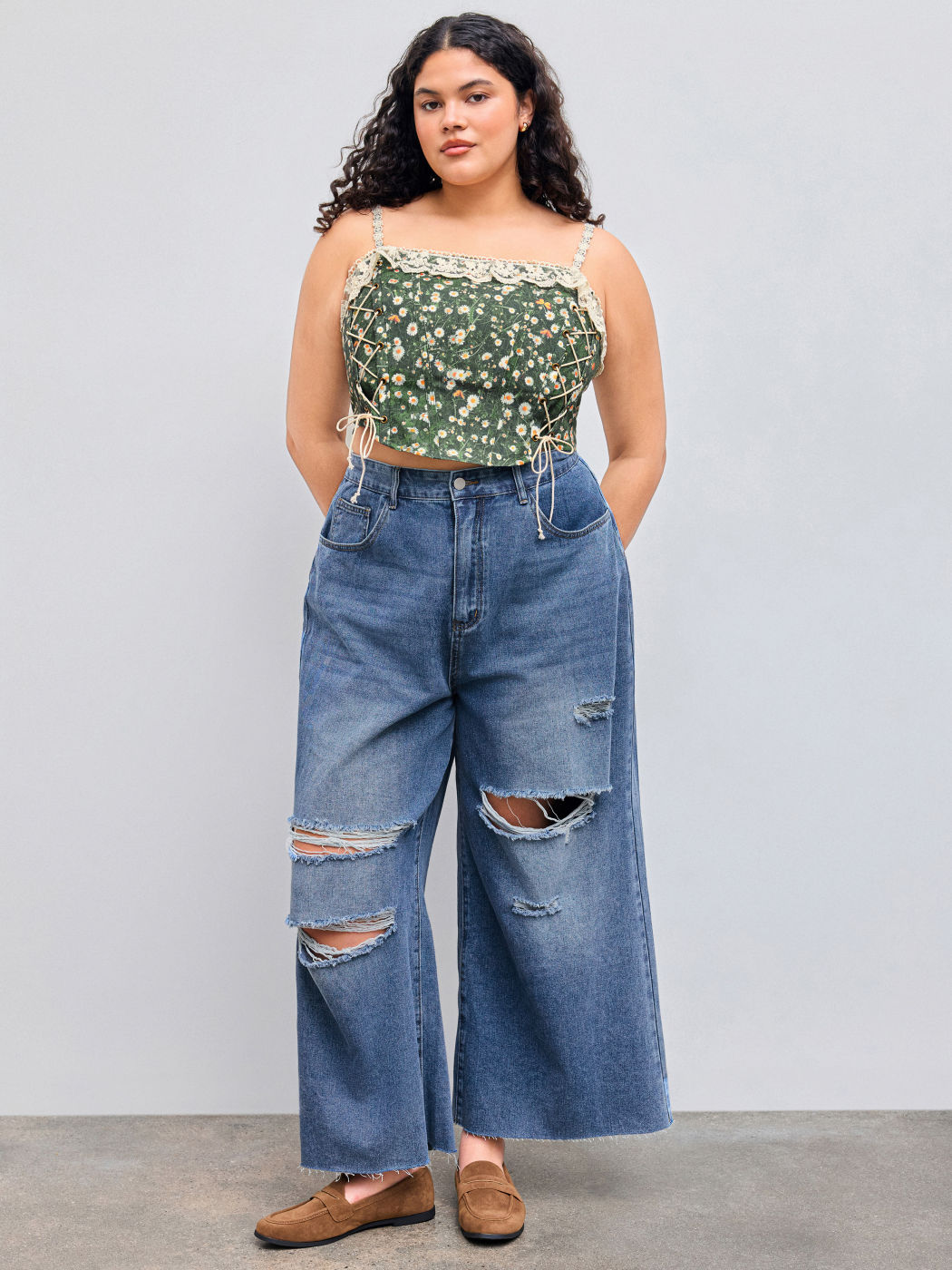 Square Neck Daisy Lace Up Corset Cami Top Curve & Plus