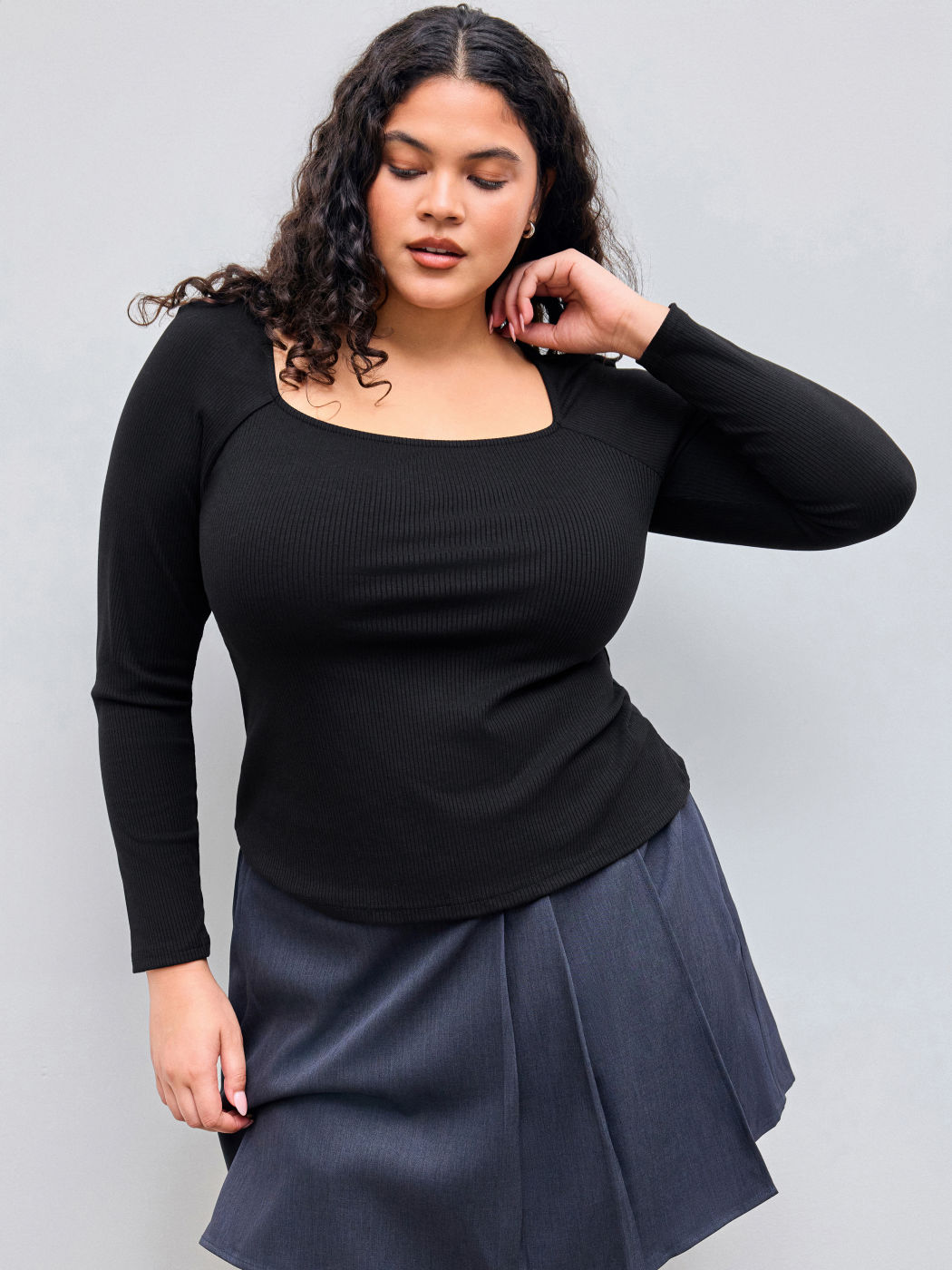 Solid Langarm-T-Shirt mit quadratischem Ausschnitt Kurve & Plus