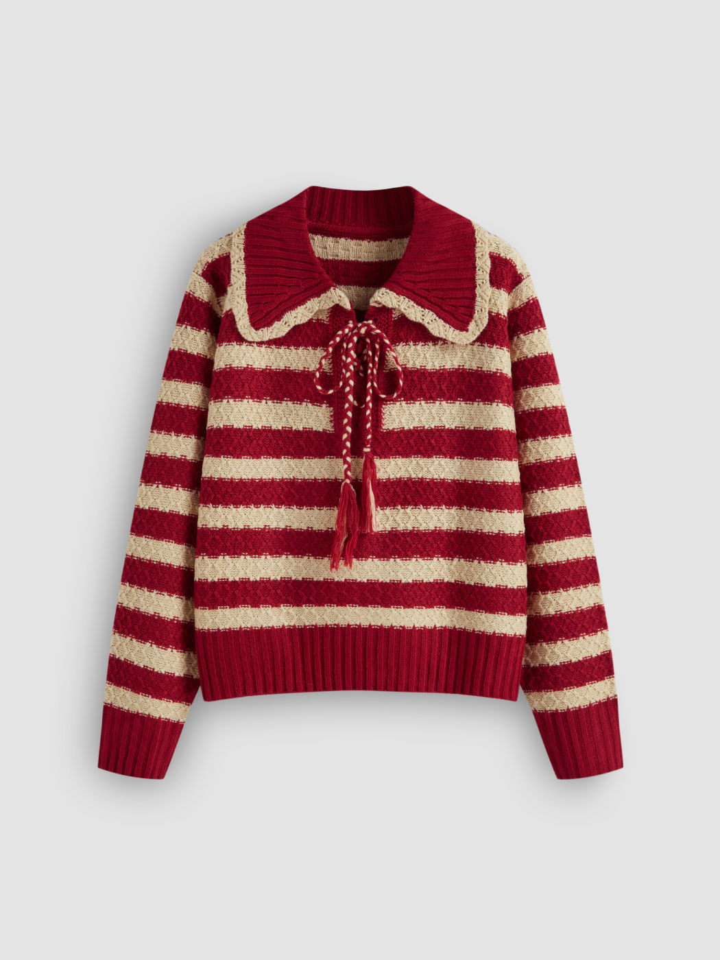 Gestreifter Strickpullover mit Kragen und Knoten, Oversize