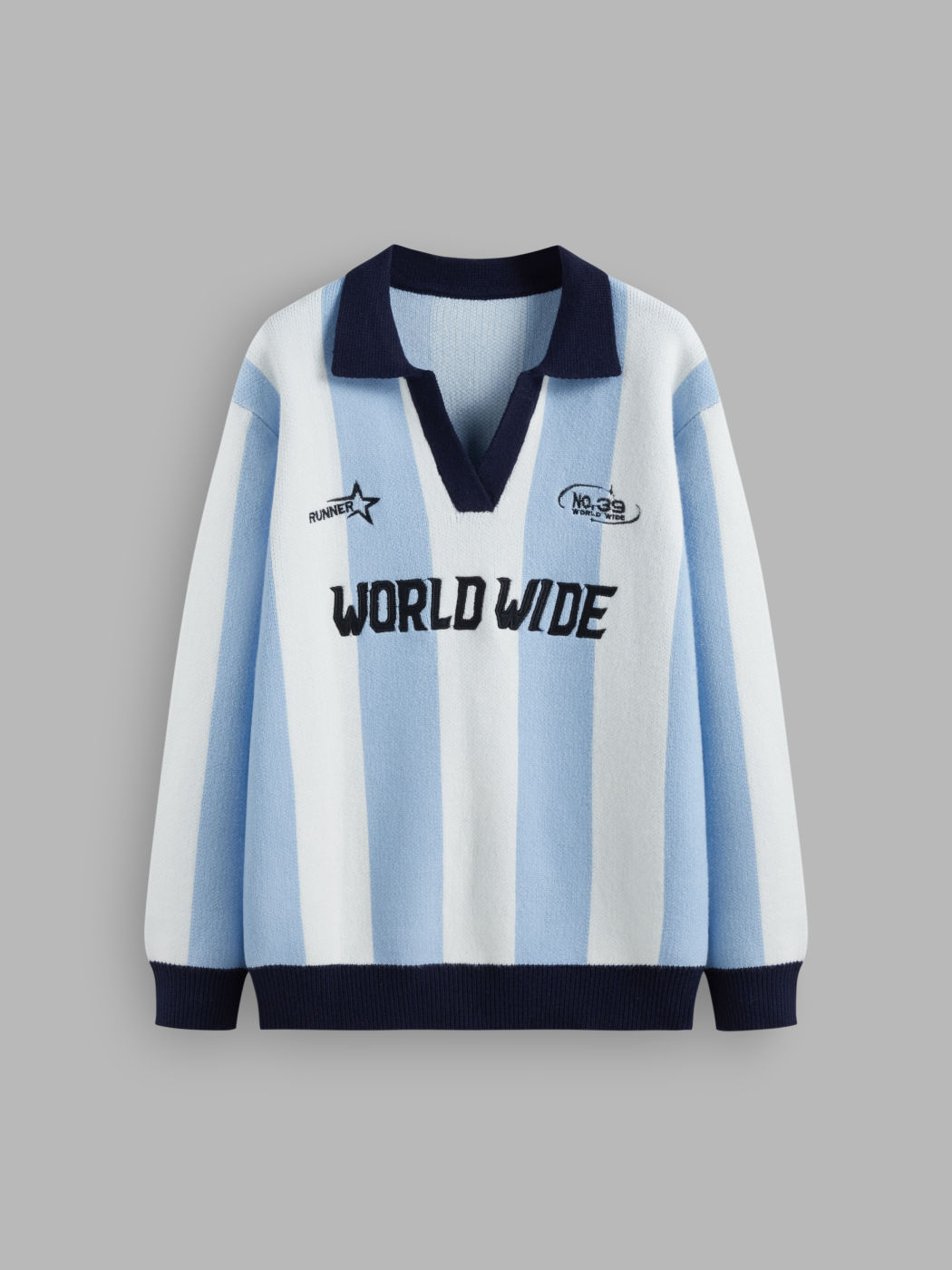 World Wide Knit Collar Graphic Striped Contrasting Binding Oversized Sweater