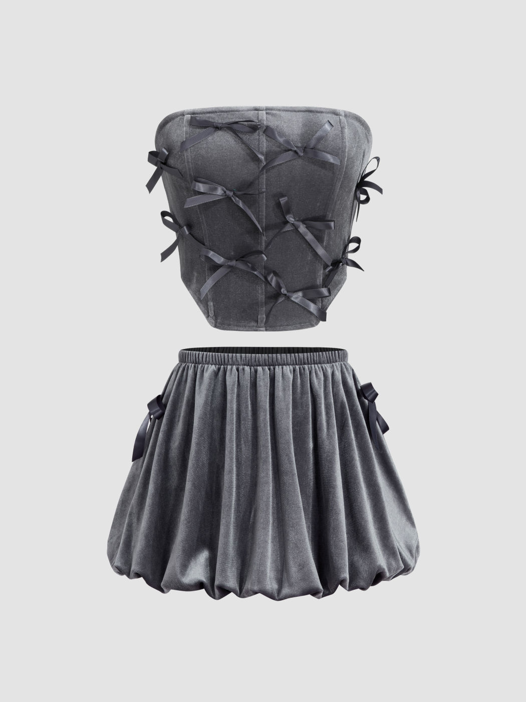 Velvet Bowknot Crop Tube Top & Low Rise Bubble Hem Mini Skirt Set