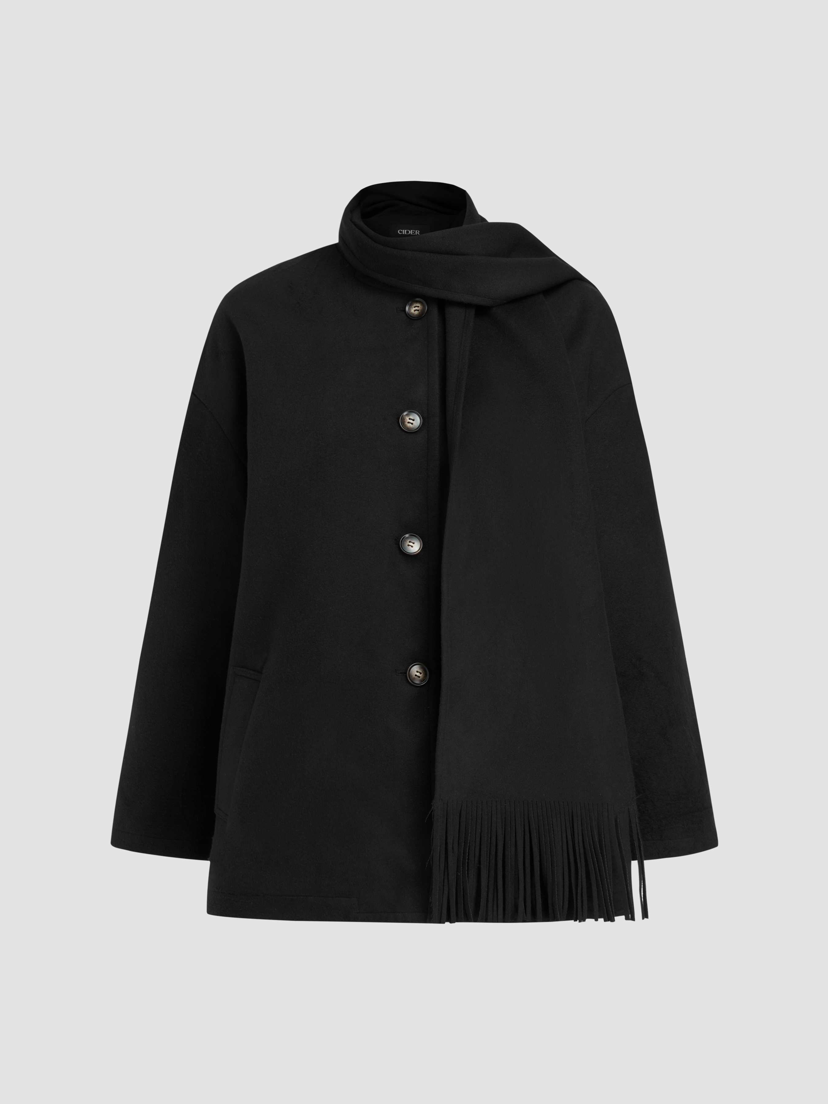 Tweed Contrasting Stitching Jacket With Scarf For Daily Casual Tweed Contrasting Stitching Jacket With Scarf For Daily Casual