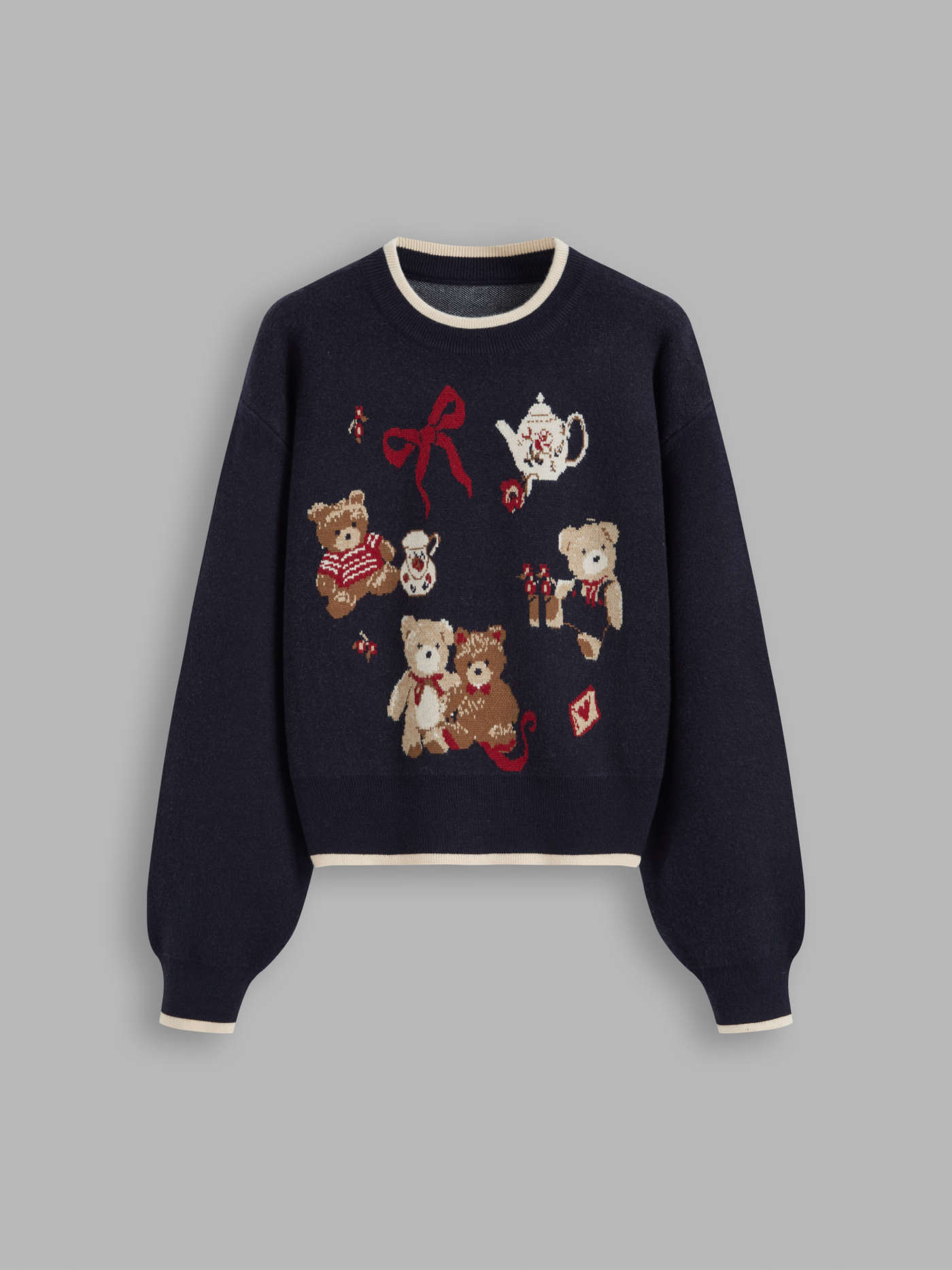 Knit Round Neckline Bear Bowknot Contrasting Binding Long Sleeve Top