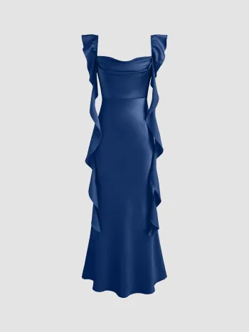 Satin Cowl Neck Solid Ruffle Hem Maxi Dress